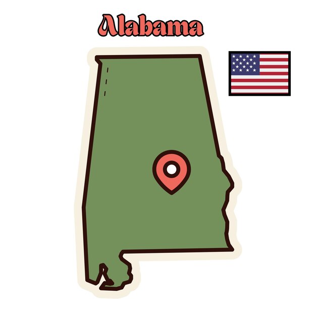 Mapa simplificado de Alabama con pin de ubicación e ilustración de la bandera de los Estados Unidos
