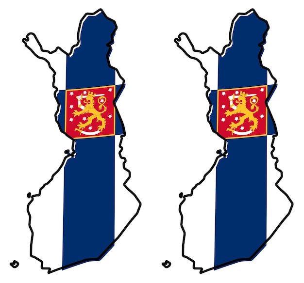 Mapa simplificado del contorno de finlandia, con la bandera del estado ligeramente doblada debajo. (dos versiones una con escudo más simple)