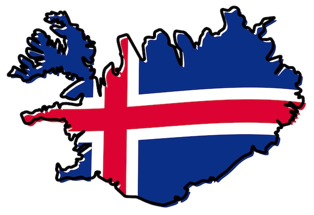 Mapa simplificado del contorno de Islandia, con una bandera ligeramente doblada debajo.