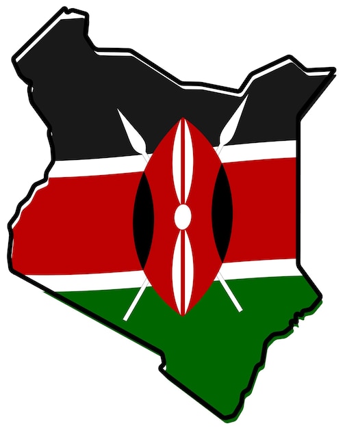 Vector mapa simplificado del contorno de kenia, con una bandera ligeramente doblada debajo.