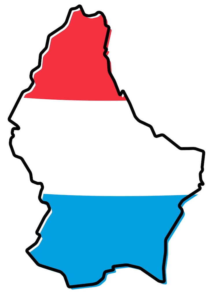 Vector mapa simplificado del contorno de luxemburgo, con una bandera ligeramente doblada debajo.