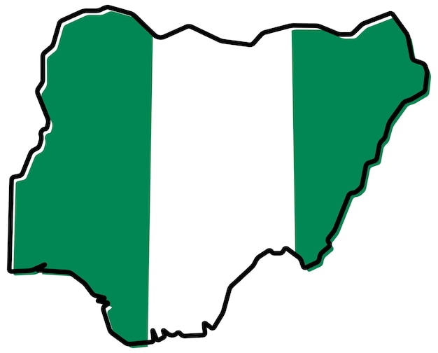 Mapa simplificado del contorno de Nigeria, con una bandera ligeramente doblada debajo.