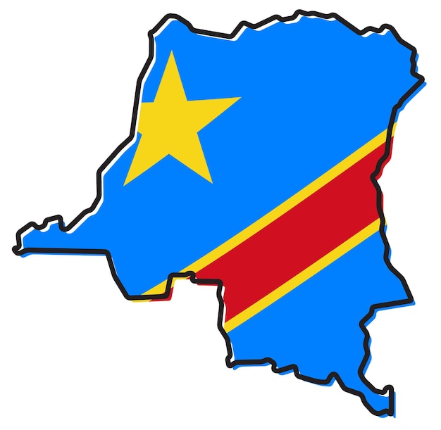 Mapa simplificado del contorno de la república democrática del congo, con una bandera ligeramente doblada debajo.