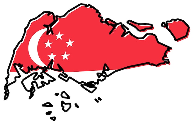 Mapa simplificado del contorno de Singapur, con una bandera ligeramente doblada debajo.