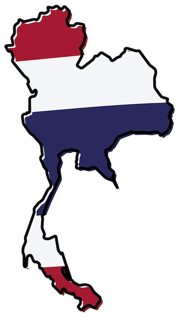 Mapa simplificado del contorno de Tailandia, con una bandera ligeramente doblada debajo.
