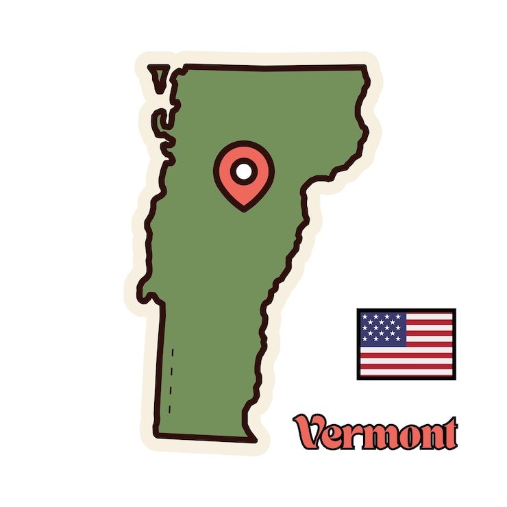 Vector mapa simplificado de vermont con pin de ubicación e ilustración de la bandera de los estados unidos