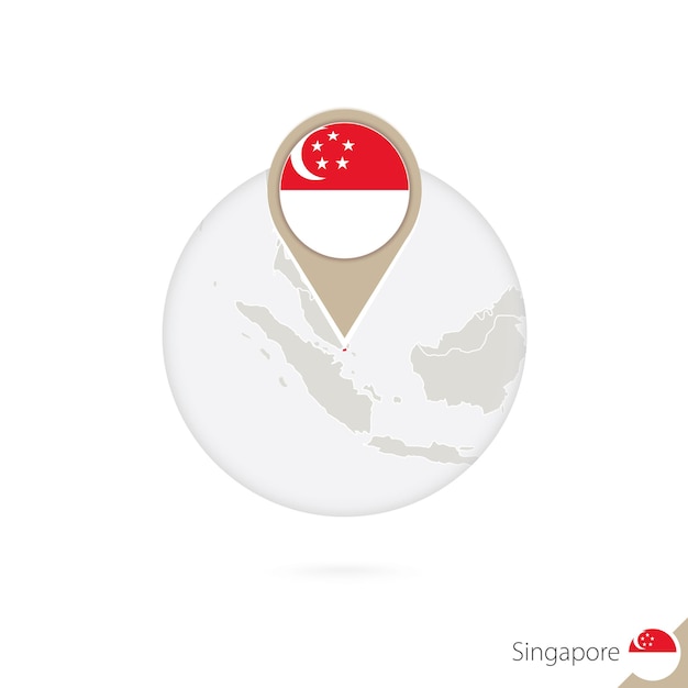 Mapa de Singapur y bandera en círculo. Mapa de Singapur, pabellón de Singapur. Mapa de Singapur al estilo del mundo. Ilustración de vector.