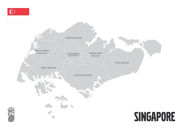 Mapa de Singapur y bandera de Singapur y Merlion de Singapur
