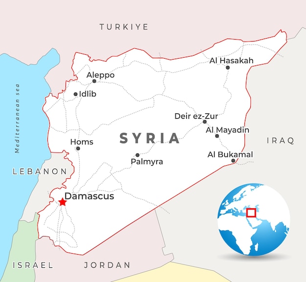 Mapa de Siria con la capital Damasco las ciudades más importantes y las fronteras nacionales