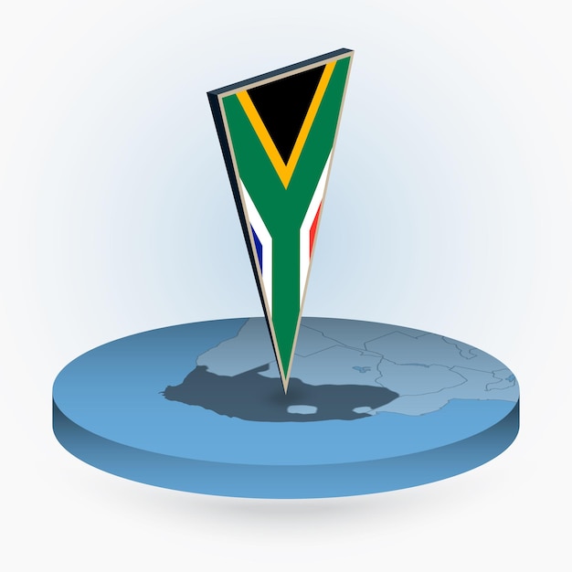 Mapa de Sudáfrica en estilo isométrico redondo con bandera triangular 3D de Sudáfrica