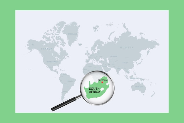 Mapa de sudáfrica en el mapa del mundo político con lupa