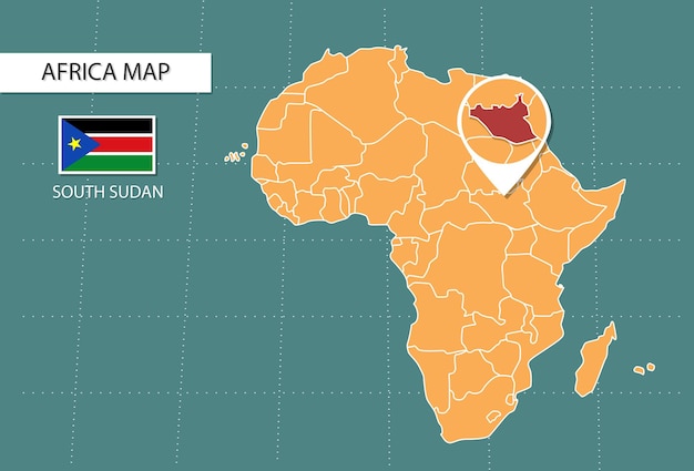 Mapa de sudán del sur en áfrica iconos de la versión de zoom que muestran la ubicación y las banderas de sudán del sur
