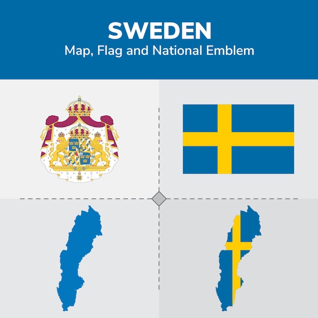 Mapa de Suecia, bandera y emblema nacional