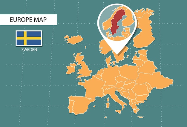 Vector mapa de suecia en los iconos de la versión de zoom de europa que muestran la ubicación y las banderas de suecia