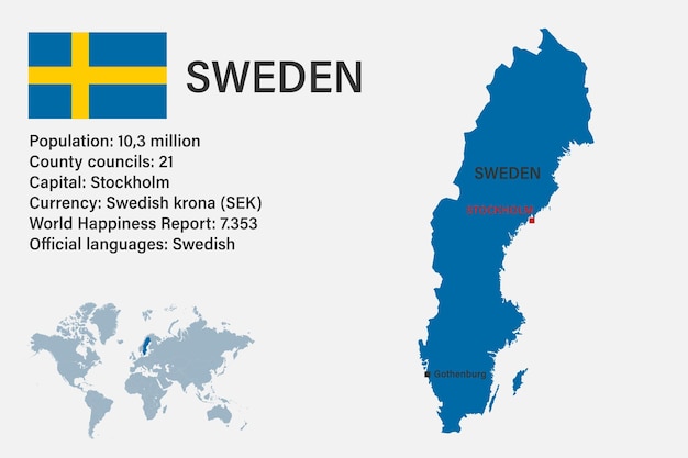 Mapa de Suecia muy detallado con capital de bandera y pequeño mapa del mundo