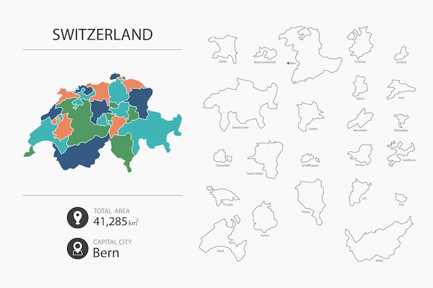 Mapa de Suiza con mapa detallado del país Elementos del mapa de ciudades áreas totales y capital