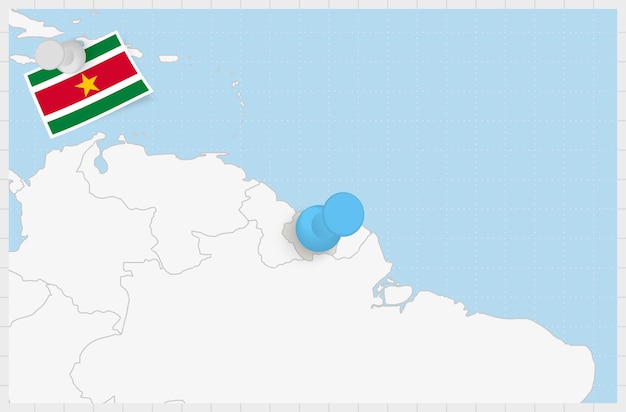 Mapa de Surinam con un alfiler azul anclado Bandera de Surinam