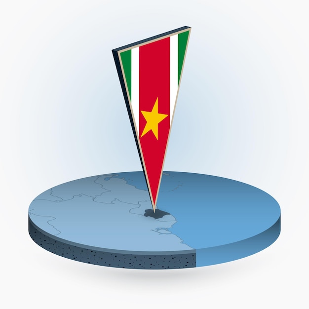 Mapa de Surinam en estilo isométrico redondo con bandera triangular 3D de Surinam