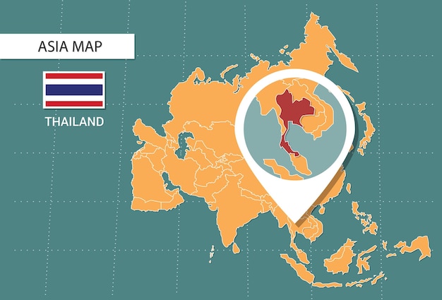 Mapa de tailandia en los iconos de la versión de zoom de asia que muestran la ubicación y las banderas de tailandia