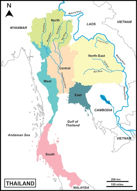 Vector mapa de tailandia incluye regiones que incluyen el río mekong y los países fronterizos myanmar laos cam