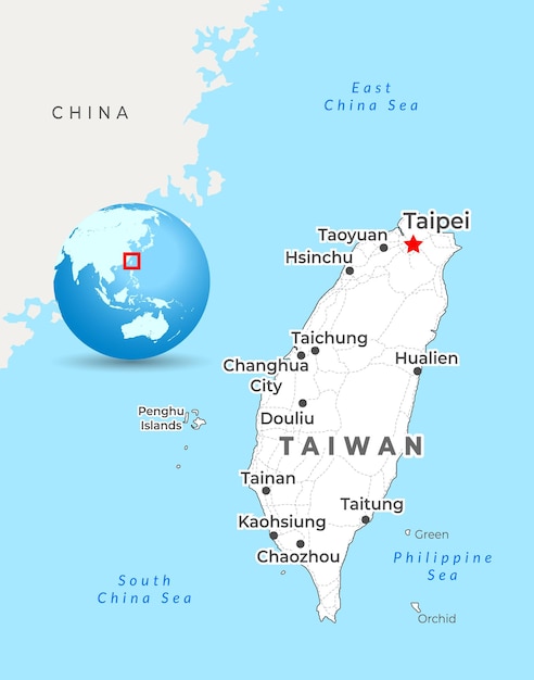 Vector mapa de taiwán con la capital taipei, las ciudades más importantes y las fronteras nacionales