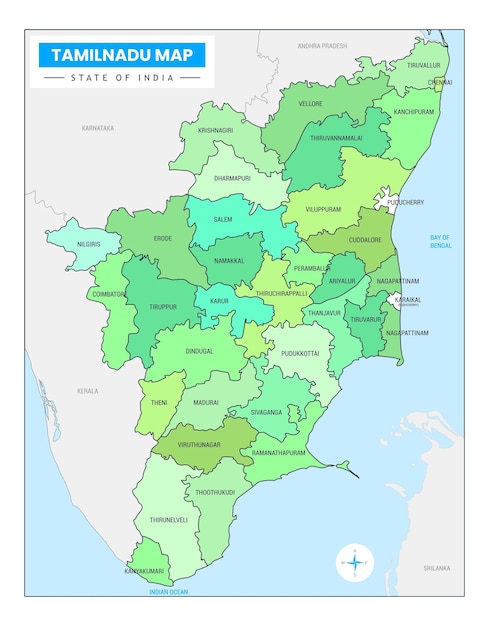 Mapa de Tamilnadu con nombres de distritos y líneas fronterizas del estado de India