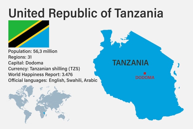 Mapa de Tanzania altamente detallado con capital de bandera y pequeño mapa del mundo