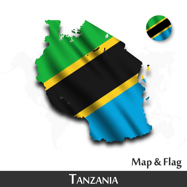 Mapa de Tanzania y bandera. Agitando diseño textil. Punto mapa del mundo de fondo.