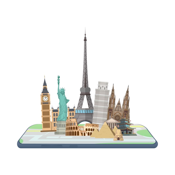 Vector mapa en el teléfono inteligente. hitos del mundo en el mapa.