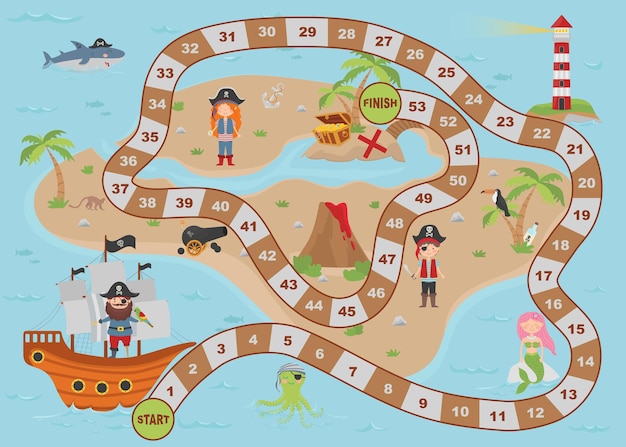 Mapa del tesoro pirata de dibujos animados para niños. Juego de mesa.