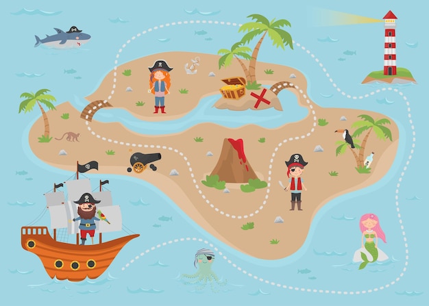 Mapa del tesoro pirata de dibujos animados para niños El mapa tiene una linda sirena pirata un pulpo un tiburón