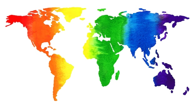 Mapa de la tierra plano simplificado del arco iris de acuarela ilustración en apoyo de la comunidad lgbt