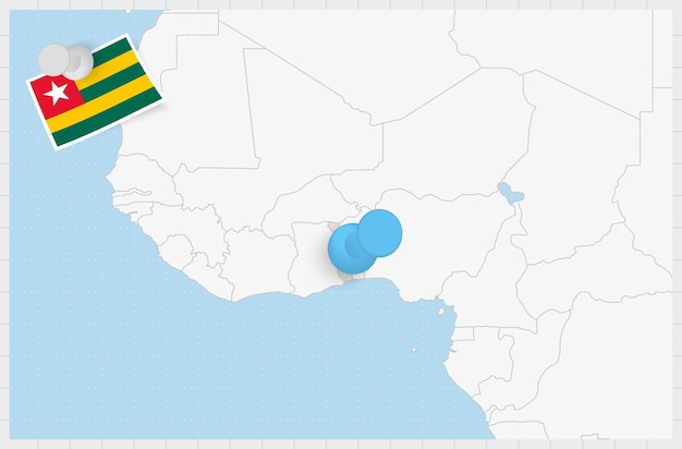 Mapa de Togo con un alfiler azul anclado Bandera de Togo