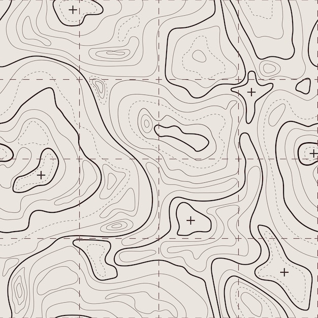 Vector mapa topográfico terreno geográfico líneas de contorno geológicas vintage y vector de patrones sin fisuras de cuadrícula