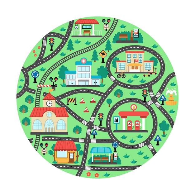 Mapa de transporte de la ciudad Fondo redondo con carreteras ferroviarias Señales de tráfico para niños Viaje por carretera vectorial alfombra de juego para niños Plan urbano con escuela estación de tren parada de autobús gasolinera cafetería hospitalxA