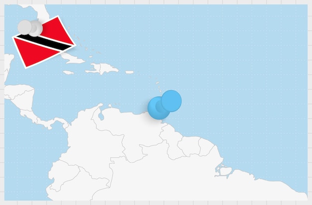 Mapa de Trinidad y Tobago con un alfiler azul anclado Bandera de Trinidad y Tobago