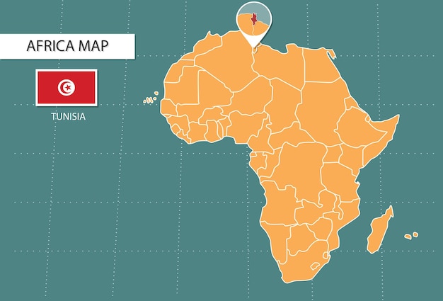 mapa de túnez en África iconos de la versión de zoom que muestran la ubicación y las banderas de túnez