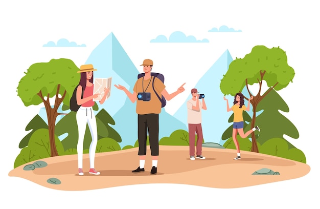 Mapa turístico de senderismo viajes naturaleza sendero de verano bosque concepto ilustración de diseño gráfico