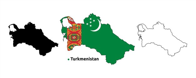 Mapa de Turkmenistán Contorno vectorial del país Bandera dentro del mapa Versión en blanco y silueta