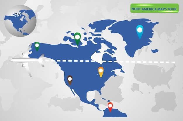 Vector mapa de ubicación de américa del norte con aviones que sobrevuelan su territorio hacia el destino