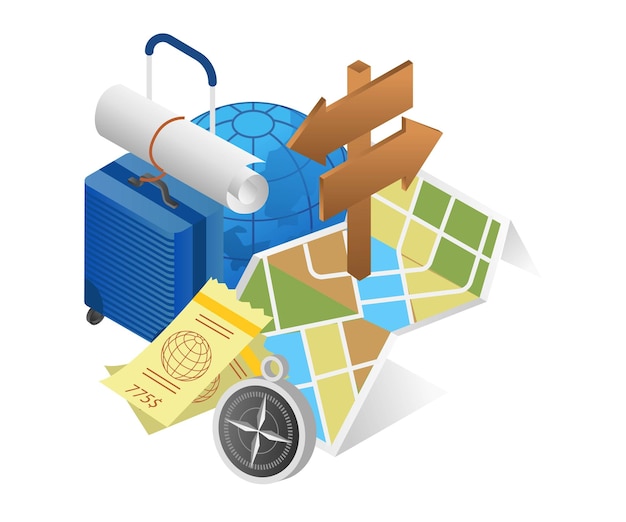 Vector mapa de ubicación de recorrido de viaje de concepto turístico de ilustración 3d plana isométrica