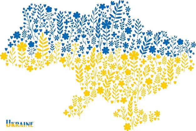 mapa de Ucrania en colores amarillo-azul a partir de flores y ramas dibujo vectorial