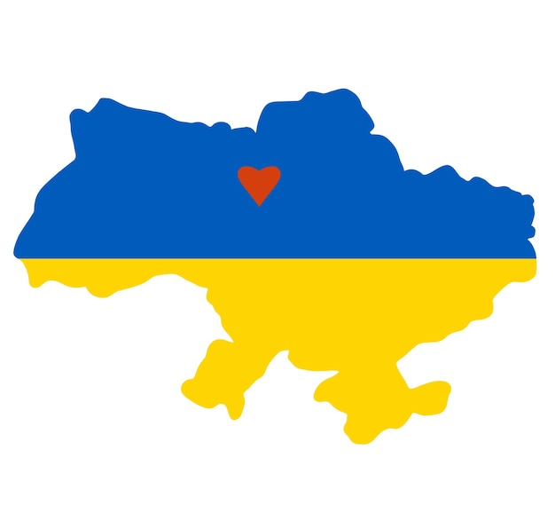 Mapa de ucrania en colores amarillos y azules con corazón rojo donde la capital es kiev color de la bandera ucraniana