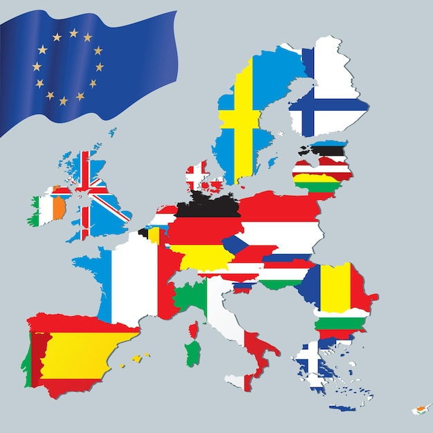 Mapa de la Unión Europea con banderas