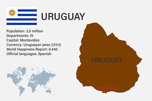 Mapa de Uruguay muy detallado con capital de bandera y pequeño mapa del mundo