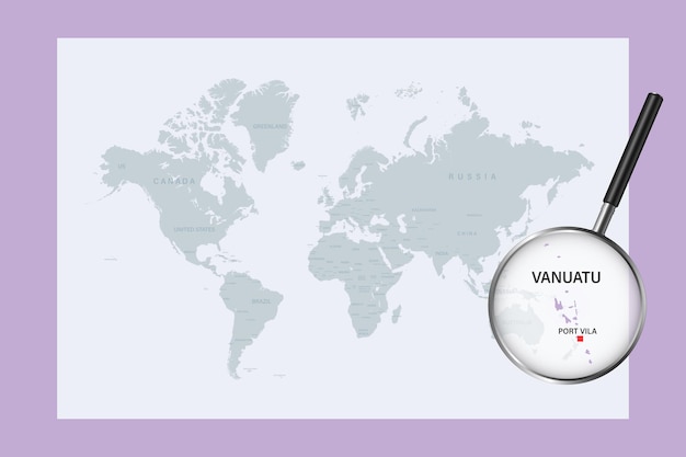 Vector mapa de vanuatu en el mapa político mundial con lupa