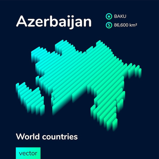 Mapa del vector rayado de Azerbaiyán con efecto 3d está en colores verdes sobre fondo azul oscuro