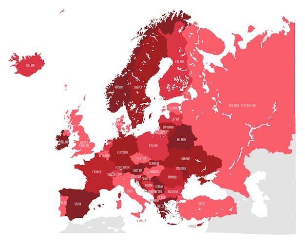 Mapa de vectores dibujados a mano de Europa en tonos rojos