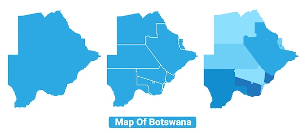 El mapa vectorial azul de Botswana en un conjunto de ilustraciones de contorno fronterizo de diferentes estilos