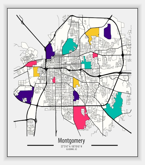 Vector mapa vectorial de la ciudad de montgomery alabama estados unidos